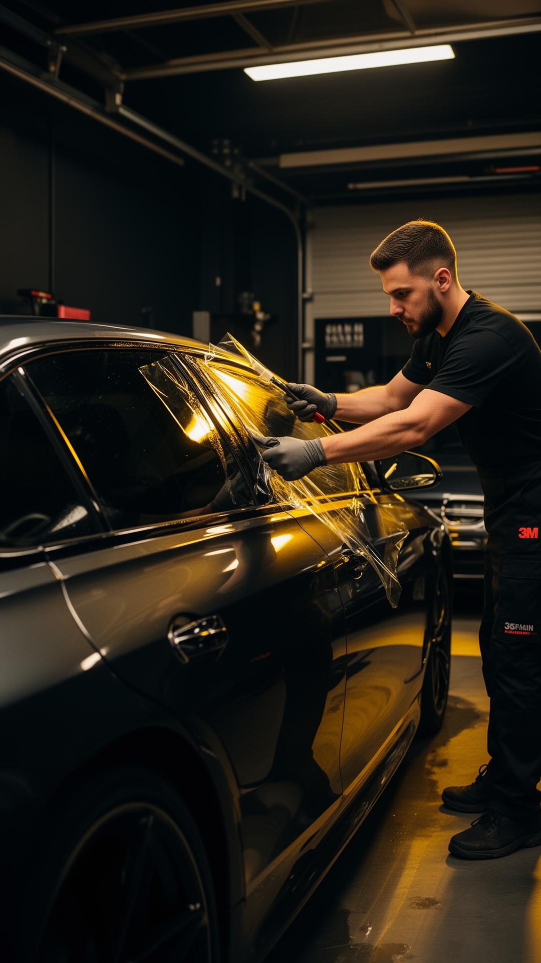 Conejo Auto technician installing 3M ceramic window tint on a luxury vehicle