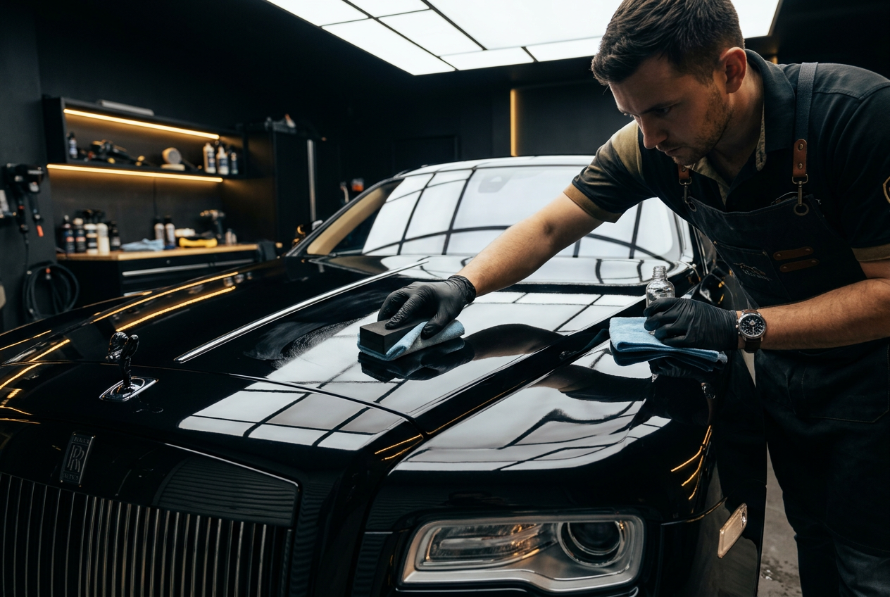 Professional applying ceramic coating to a luxury car